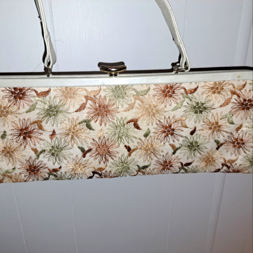 Vintage Floral Embroidered Cream and Brown Handbag